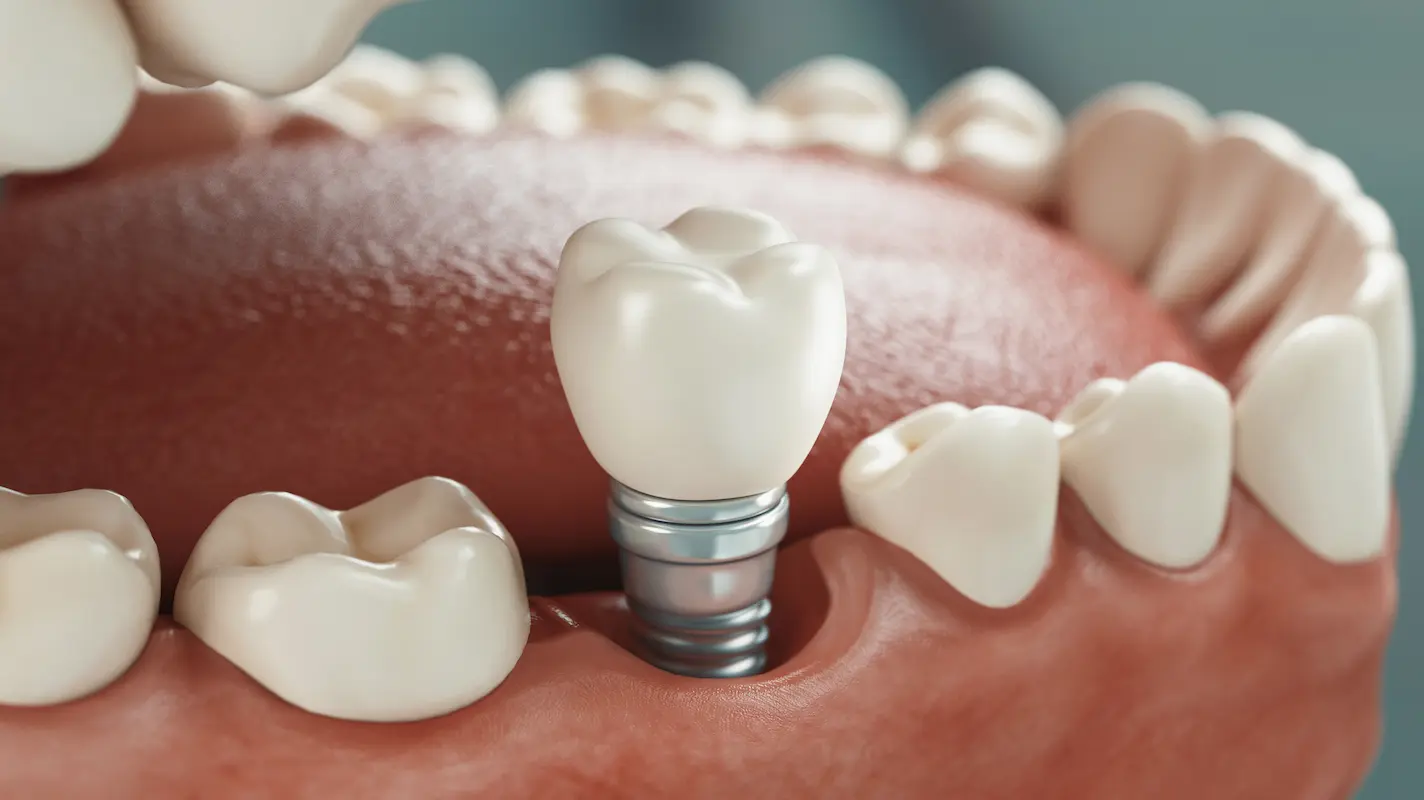 Implante dental atornillado mostrando las partes del tornillo de titanio, pilar protésico y corona