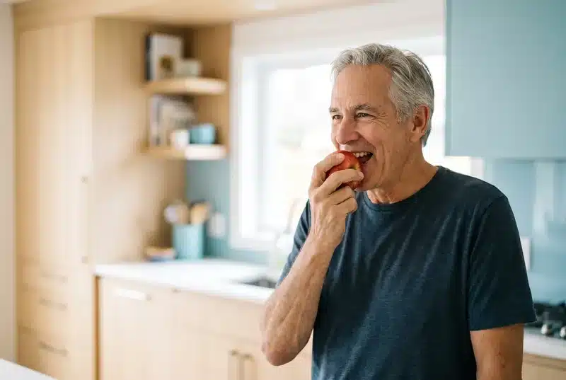 Hombre mayor mordiendo una manzana con una prótesis dental fija